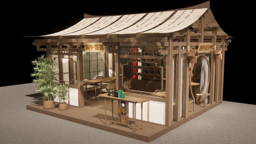 Traditional East Asian style pavilion booth render, side view, showing wooden structure, fabric roof, and interior shelves.