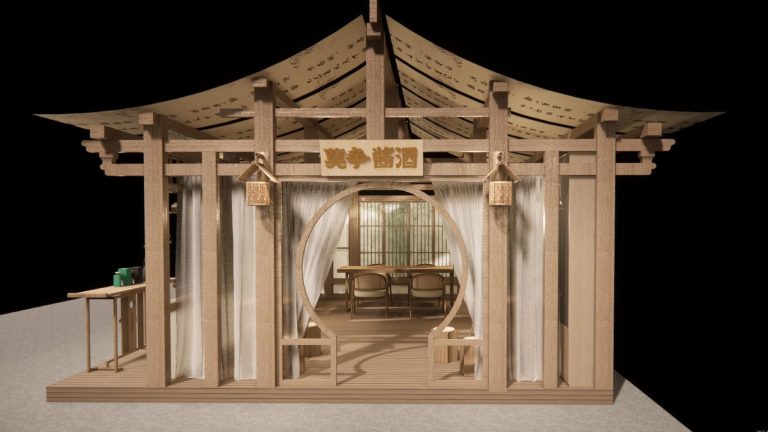 Front view render of a traditional East Asian style pavilion booth with a large circular entrance, curtains, and lanterns.