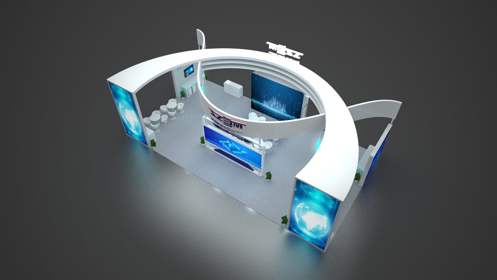Angled top-down view of a modern exhibition booth. Curved white structures with blue lighting encompass seating areas and large screens displaying abstract blue and globe graphics.