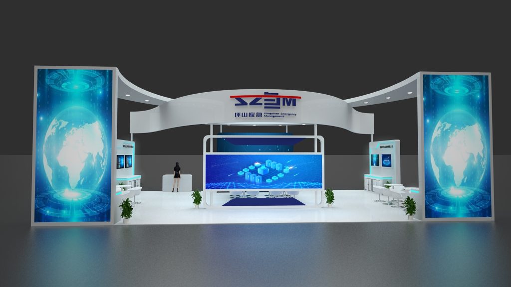 Front view of a brightly lit trade show booth. Two large screens display a glowing blue globe, while the central screen shows interconnected blue data cubes. A person stands left.