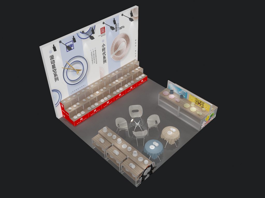 3D render of a trade show booth layout with product shelves, display walls, and seating on a dark floor.