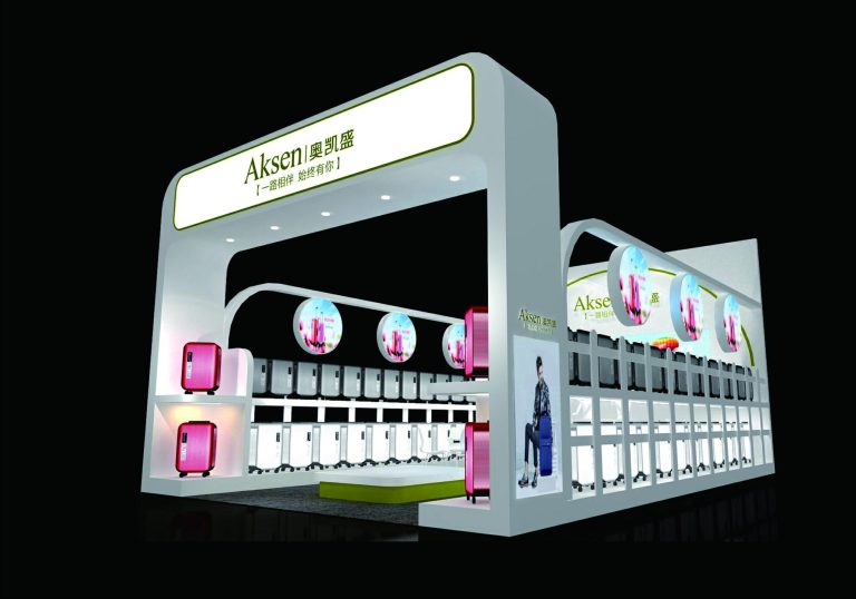 3D render of a white and grey exhibit booth. It showcases rows of luggage, a seated mannequin, and illuminated graphic panels.
