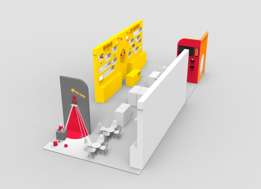 Overhead 3D render of a trade show booth with a yellow product display wall, a red star cone, white walls, and several white tables with chairs.