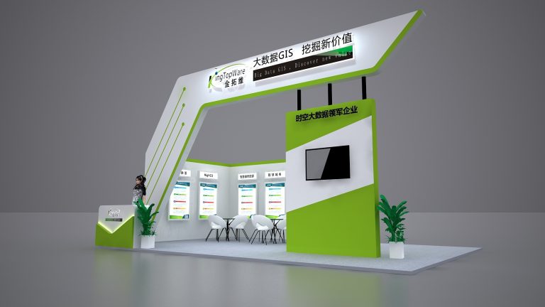 Modern green and white exhibition booth featuring an arched entrance, a reception desk with a mannequin, display screens, and a seating area with tables and chairs.