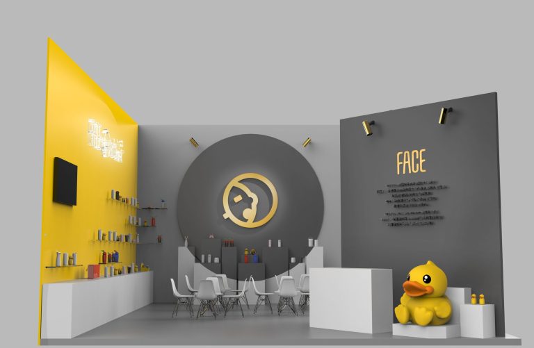 Booth with yellow product wall, grey display, white chairs, and a large yellow duck.