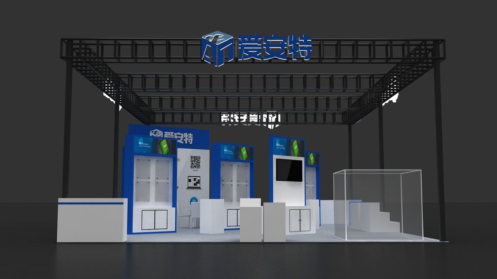 3D render of a trade show booth with blue and white displays, an overhead metal truss, and a clear cube, against a dark background.