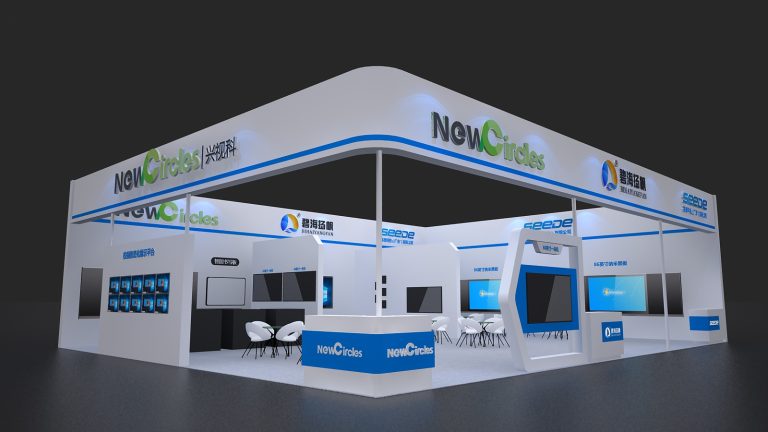A 3D architectural rendering of a modern white and blue trade show booth with several digital displays and seating areas against a dark background.