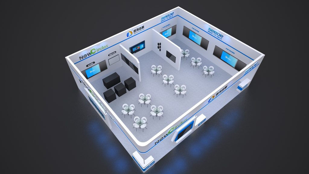 An aerial 3D rendering of a trade show booth, displaying its internal layout with screens, tables, and white chairs arranged throughout.
