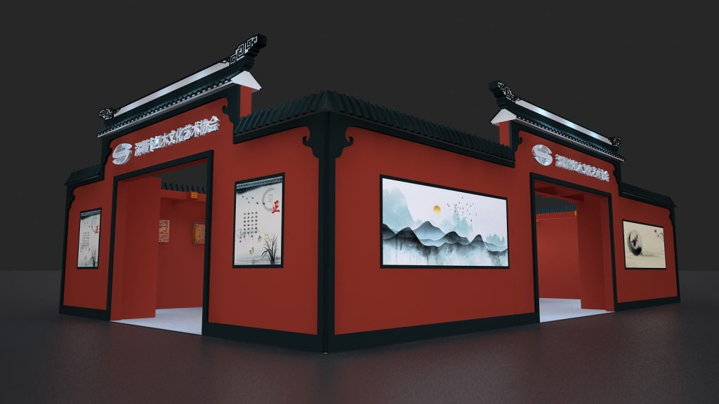 Angled 3D render of a red exhibition booth with two traditional arch entrances. Each entrance has Chinese text. Landscape artwork adorns the exterior walls.