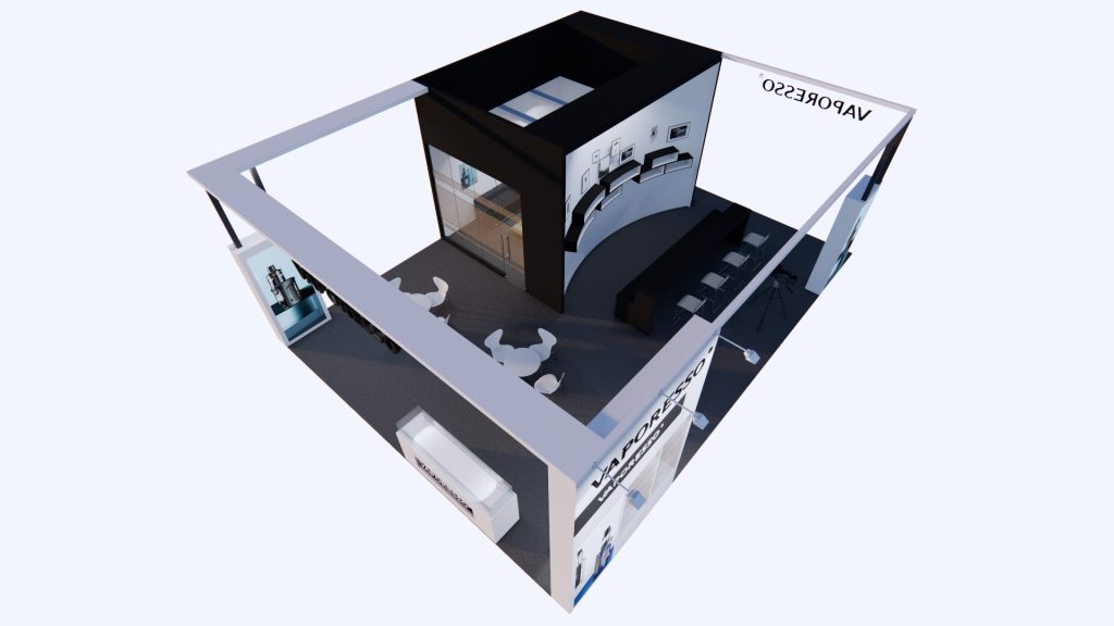 An aerial 3D rendering of a black and white trade show booth with a counter, display shelves, and seating areas.