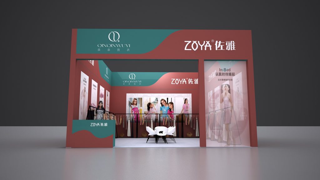 A 3D rendering of a clothing booth with teal and coral walls. Clothing racks line the interior, and display screens show models. A small seating area is in the center.