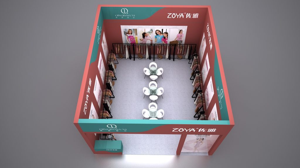 Overhead view of a teal and coral clothing booth design. It shows an open layout with central seating, clothing racks along the walls, and display screens.
