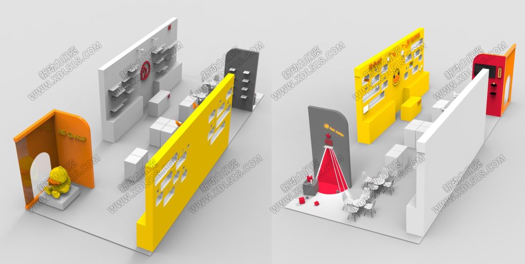 Two overhead 3D renders of colorful trade show booth designs, one with an orange arch and the other with a red star feature.
