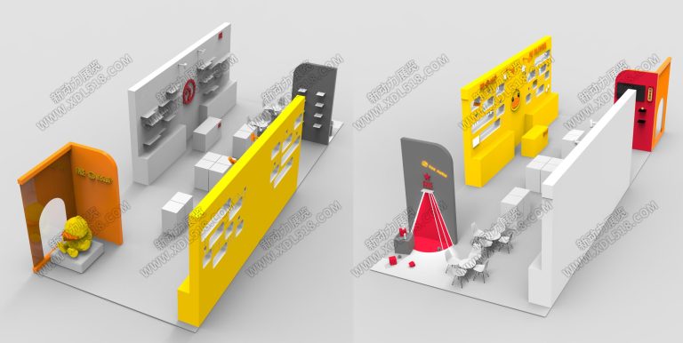 Two overhead 3D renders of colorful trade show booth designs, one with an orange arch and the other with a red star feature.