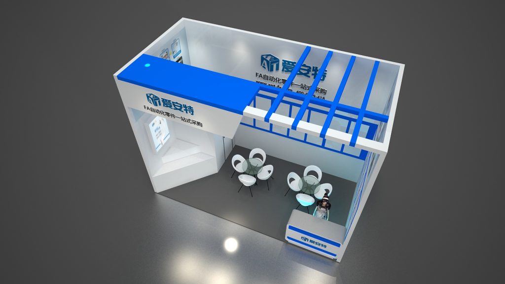 Overhead 3D render showing the complete layout of a white and blue exhibition booth with an entrance arch, product displays, seating, and a reception area.