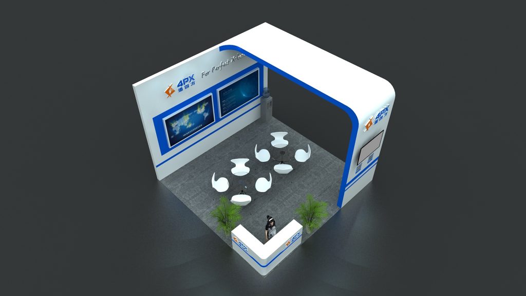 Overhead view of a white and blue exhibition booth showing a reception desk, a person, plants, and a seating area with five white chairs.