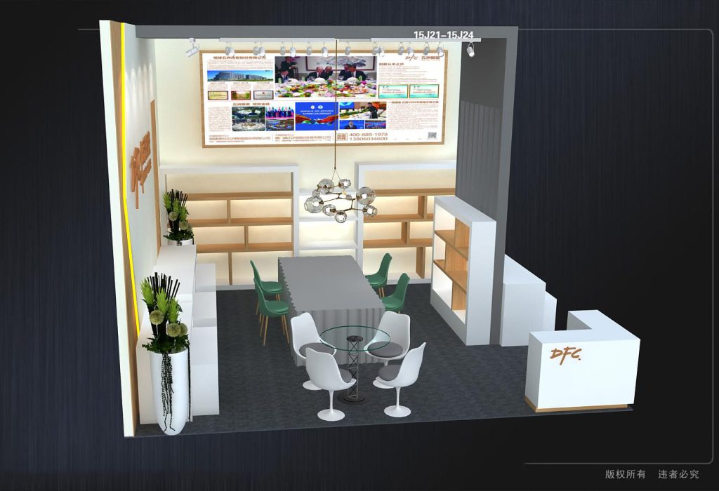 Overhead 3D render of a trade show booth with white display shelving, a glass table with chairs, a long meeting table, and a large screen.