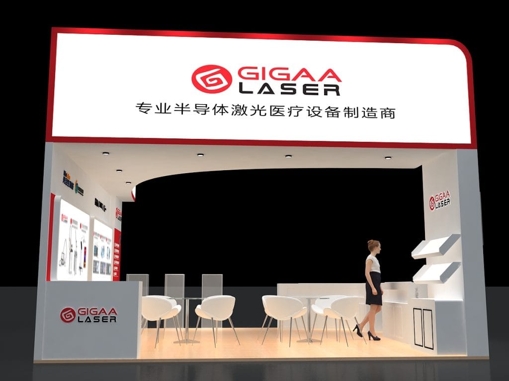 3D rendering of a white exhibition booth interior with tables, chairs, display cases, and a woman by a counter.