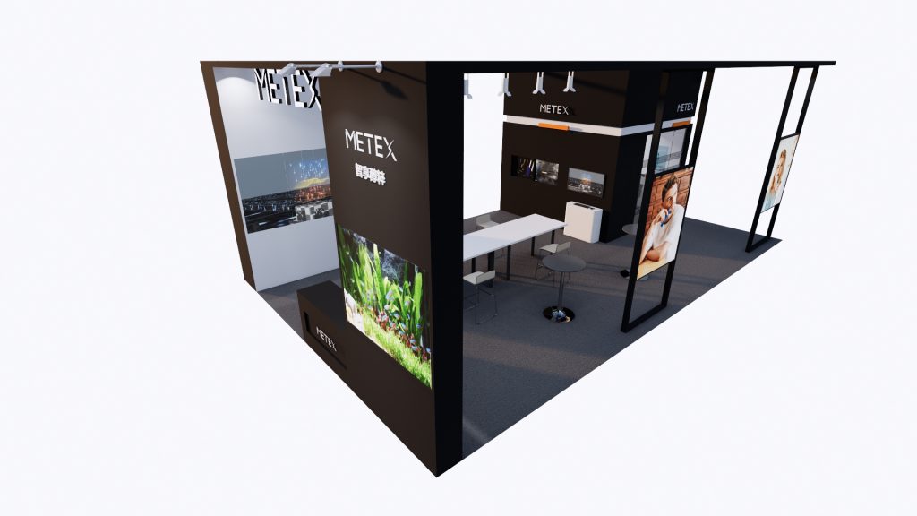 A 3D render of a black exhibition booth's interior, showing screens with abstract art, a woman's portrait, and a vibrant plant scene.