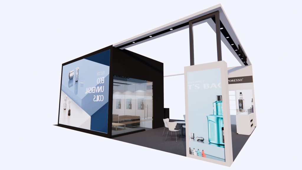 An angled 3D render of a modern trade show booth with glass walls, an interior lounge, and prominent vertical product display panels.