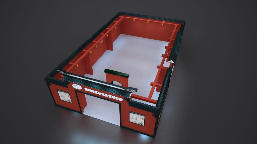 Top-down 3D render of a rectangular red exhibition booth layout. It features traditional roofing, two entrances, a central island, and perimeter display areas.