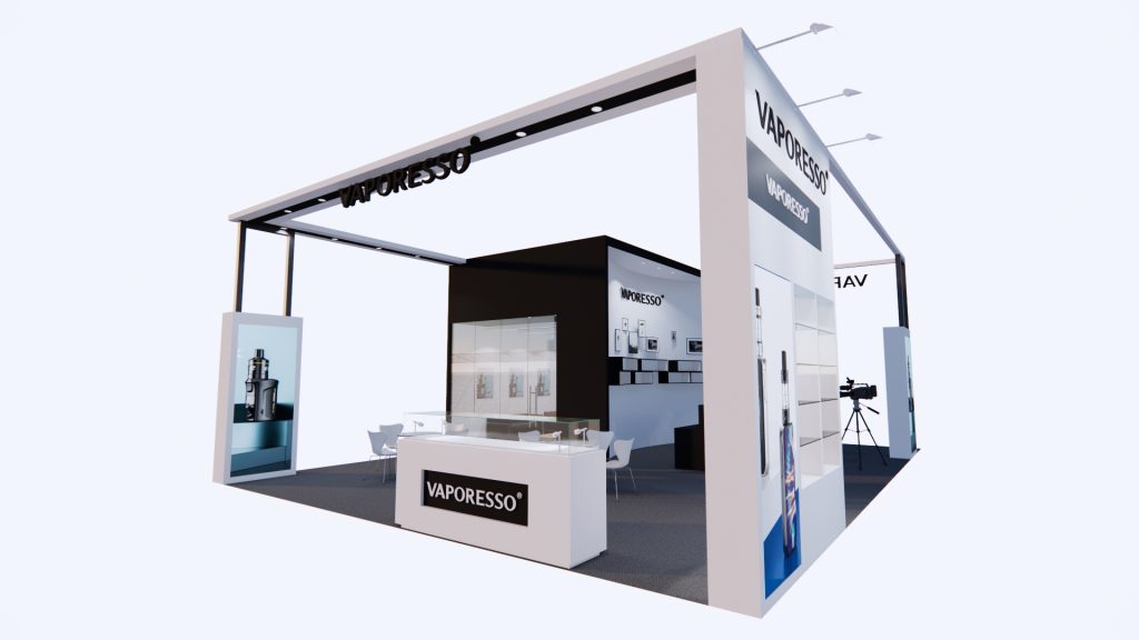 An angled 3D render of an open trade show booth with a welcome desk, illuminated display cases, and tall vertical product signage.