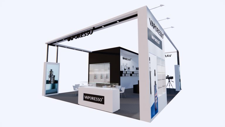 An angled 3D render of an open trade show booth with a welcome desk, illuminated display cases, and tall vertical product signage.