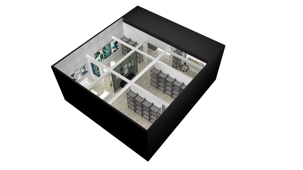 Isometric overhead view of a store interior with several black display shelves, white dividers, and green plant artwork on the walls.