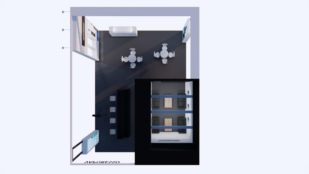 An overhead 3D render showing the floor plan of a trade show booth with multiple seating arrangements, display units, and walking paths.