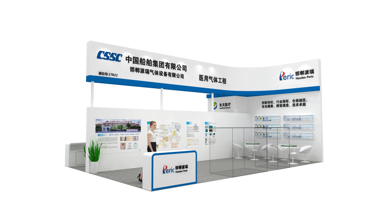 White trade show booth with blue accents features a reception desk, staff member, display panels, and a seating area with glass tables and white chairs.