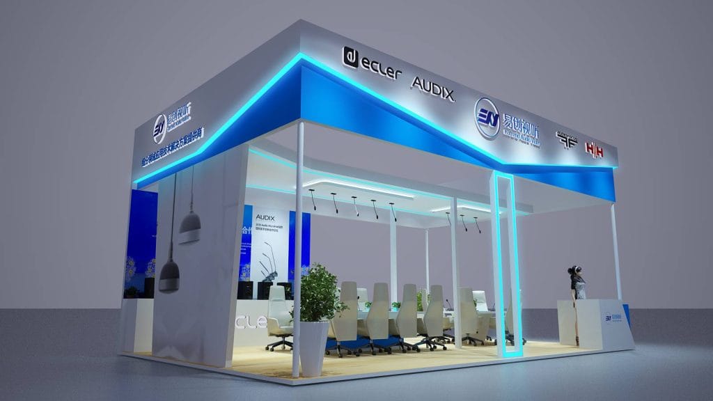 3D render of a sleek blue and white exhibition booth with neon accents, a meeting table, and wall displays.