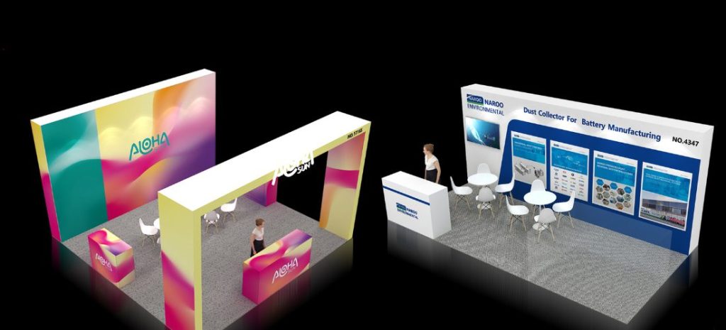 zip-up booth,pop-up booth,Blue and white booth,Colorful booth,Battery manufacturing trade show booth