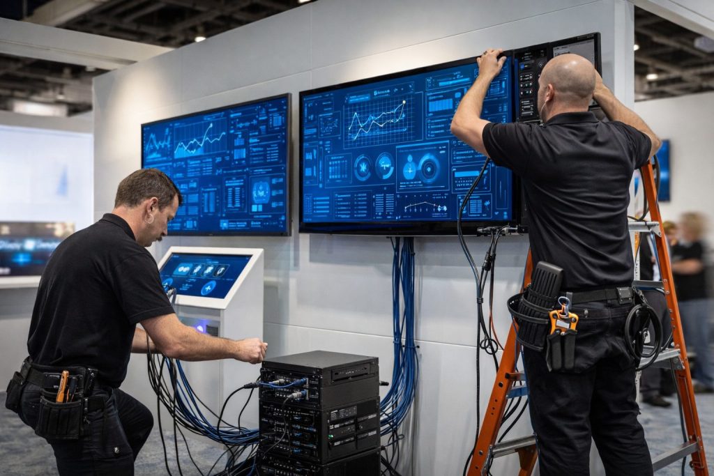 AV technicians installing monitors and sound systems