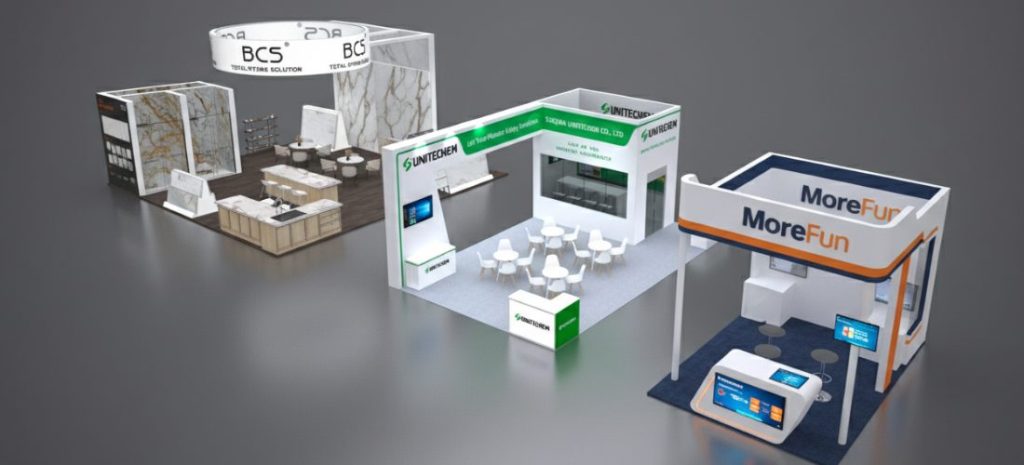 A brown booth which booth dimensions is 10x10.A green booth which booth dimensions is 8x8.A blue booth which booth dimensions is 6x6.
