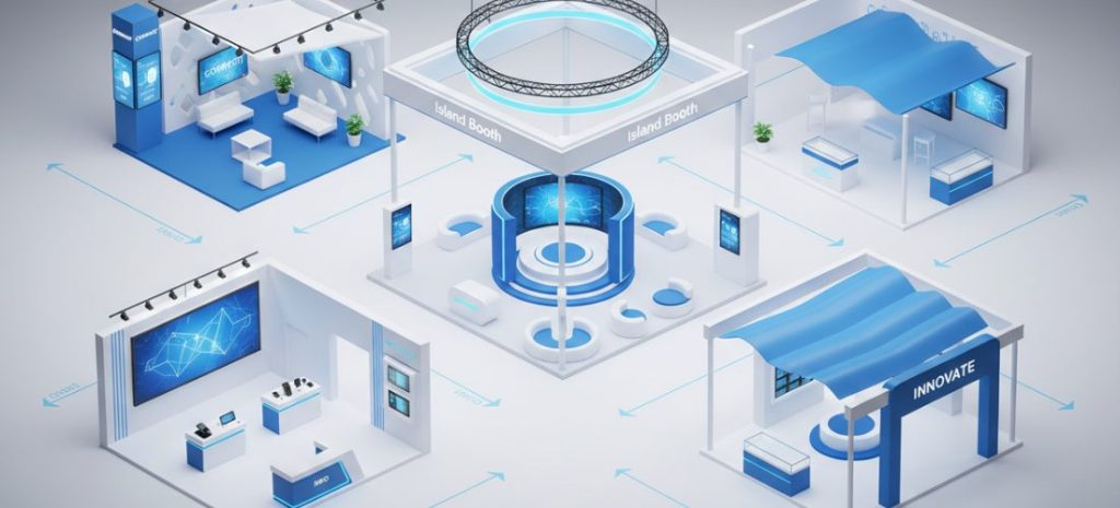 Diagram of five modern, interconnected trade show booths in white and blue, featuring seating, display screens, and product displays.