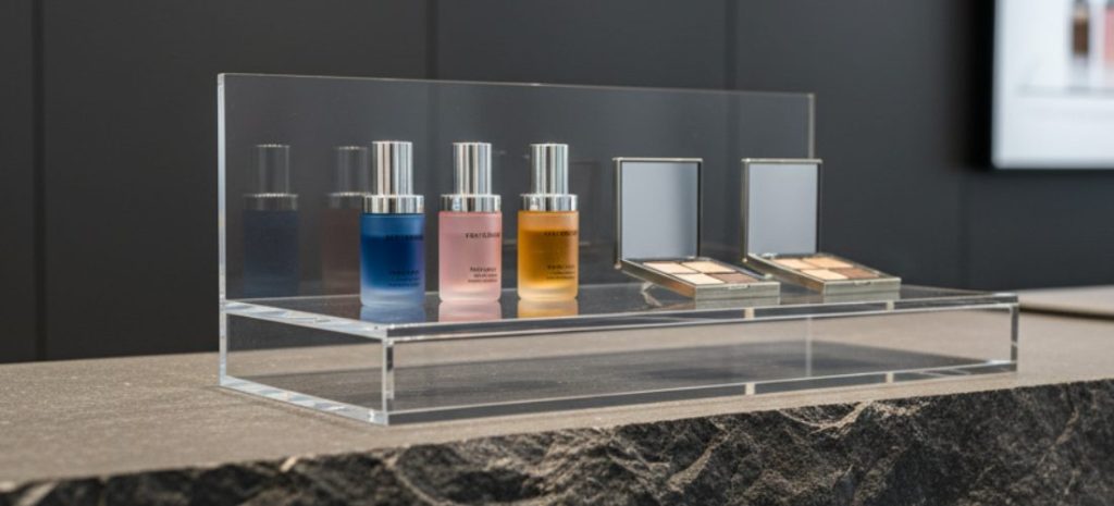 acrylic display stands showcasing products inside a modern exhibition booth, transparent material with lighting reflections, sleek contemporary design, trade show environment, high detail, realistic style