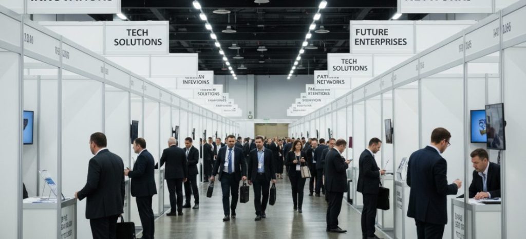 row of shell scheme booths in a busy trade show exhibition hall, uniform white panel structures, basic lighting and carpets, many similar booths creating a standardised look, business visitors walking through aisles, realistic style, high resolution,booth type