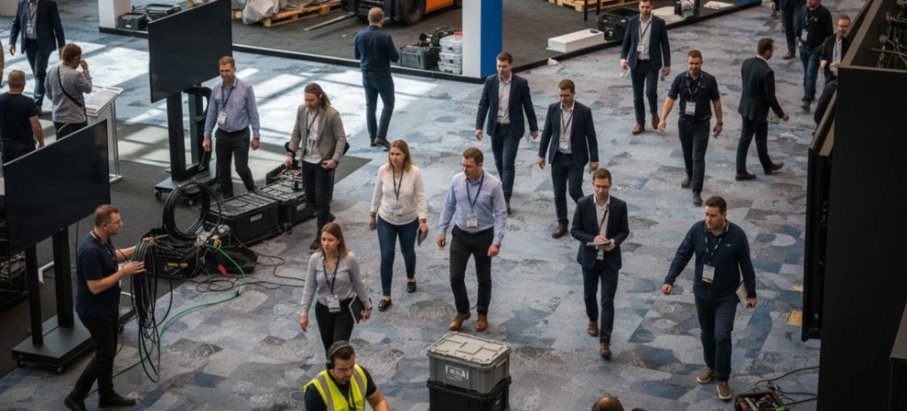 A professional exhibition team working together at a trade show venue, project managers, designers, and technicians coordinating booth setup, holding floor plans and tablets, discussing booth structure, high-end exhibition hall environment, branded booths in background, realistic corporate atmosphere, cinematic documentary photography, ultra detailed, natural lighting, teamwork, focused expressions, 35mm lens