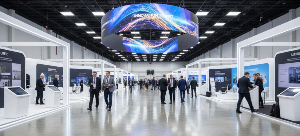 A busy convention hall during **trade show preparation**, with attendees walking among modern white exhibition booths. A large circular screen overhead displays “INNOVATION SUMMIT” with abstract graphics.
