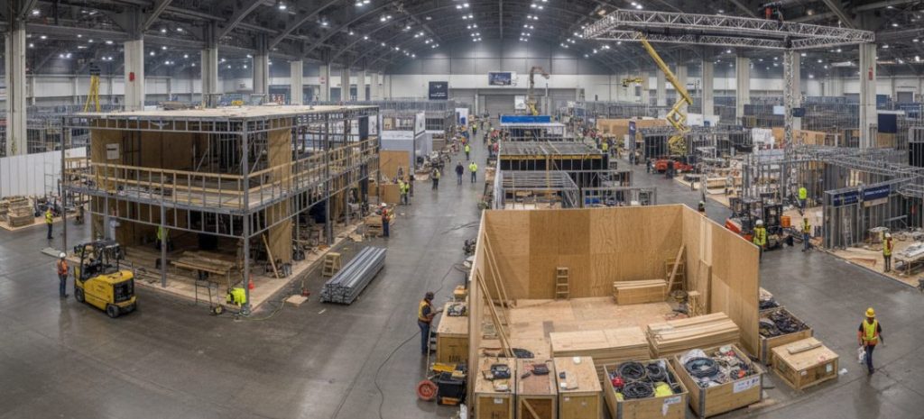 engineers and workers assembling a double-deck exhibition booth structure, aluminum frame construction, safety inspection happening on site, large convention center environment, realistic industrial style, high detail