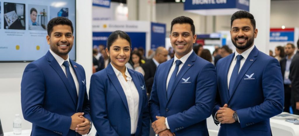Four smiling professionals, three men and one woman, in blue suits at a conference or exhibition.Trade Show Preparation