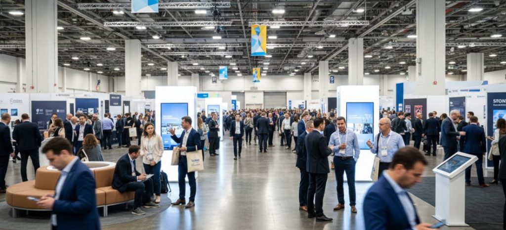 A crowded convention hall with many attendees in business attire networking and walking among brightly lit exhibition booths.
