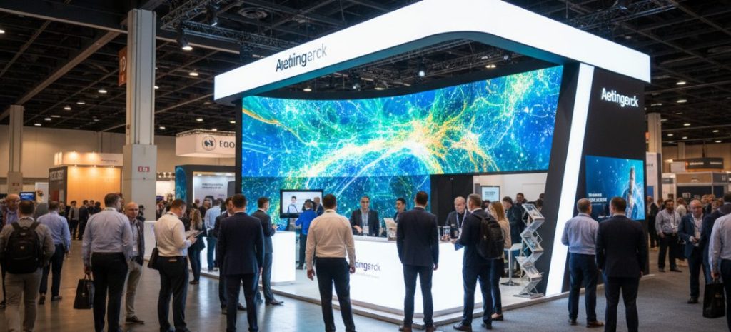 modern exhibition booth with large LED screen displaying dynamic product visuals, visitors stopping to watch, busy trade show environment, bright lighting, professional business atmosphere, realistic style, high detail.