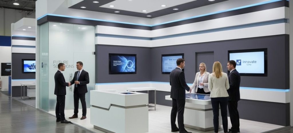 Trade show promotional materials being reviewed by professional visitors, brochures, banners highlighting key information, signage showing schedule and maps, indoor exhibition hall, clean professional style, realistic, high detail