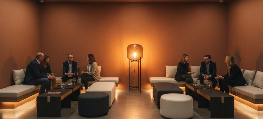 Chill lounge zone in a trade show booth, cozy seating, soft textures, brand elements subtly integrated, calm and welcoming atmosphere, visitors sitting and conversing, storytelling through design, warm lighting, modern exhibition design, high realism