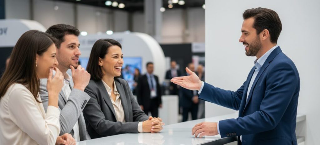 business professionals talking at a B2B trade show booth, natural conversation, no posing, minimal branding, modern exhibition stand design, soft lighting, candid moment, realistic photography style, high detail