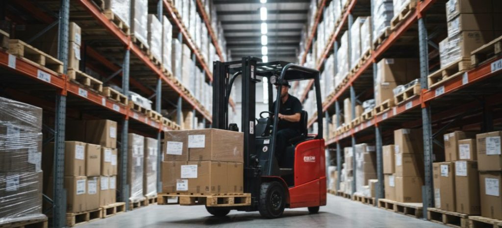 A worker operates a red forklift carrying stacked cardboard boxes on a pallet down a long warehouse aisle lined with full shelves.