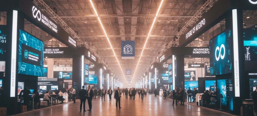 A modern trade show floor with two contrasting booths side by side, one crowded but chaotic and ineffective, the other clean, minimal, with focused business conversations happening, cinematic lighting, realistic people, business atmosphere, high detail, shallow depth of field, professional exhibition setting