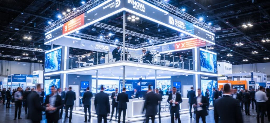engineers and workers assembling a double-deck exhibition booth structure, aluminum frame construction, safety inspection happening on site, large convention center environment, realistic industrial style, high detail