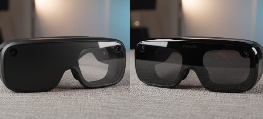 AR glasses on a trade show table, surrounded by brochures and small tech displays, modern exhibition setup, realistic reflections and shadows, bright ambient lighting, focus on the device, photorealistic style, high detail